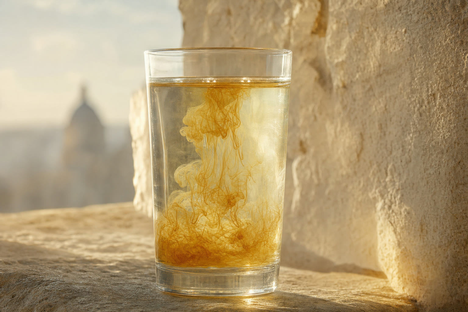 Golden honey dispersing into a glass of water, thinning into pale clouds.