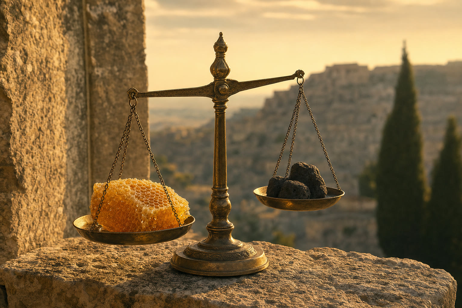 An antique brass balance scale weighing golden honeycomb against small dark stones.