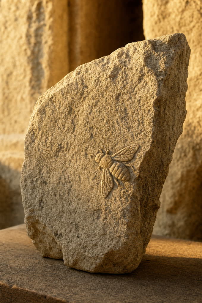 A honeybee carved in low relief on weathered Sicilian limestone, two thousand years old and still legible.