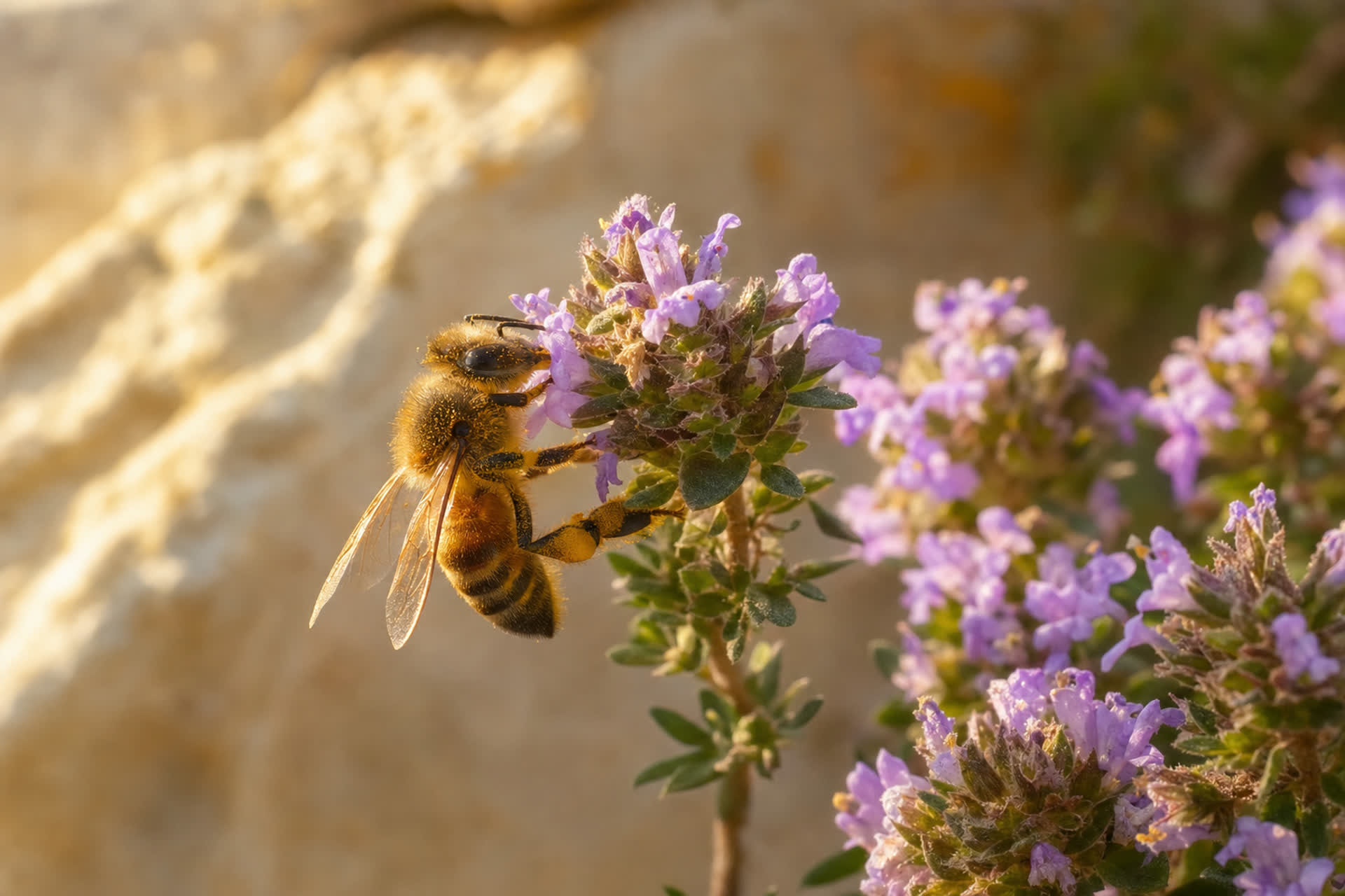 A honeybee working a sprig of wild thyme in warm morning light.