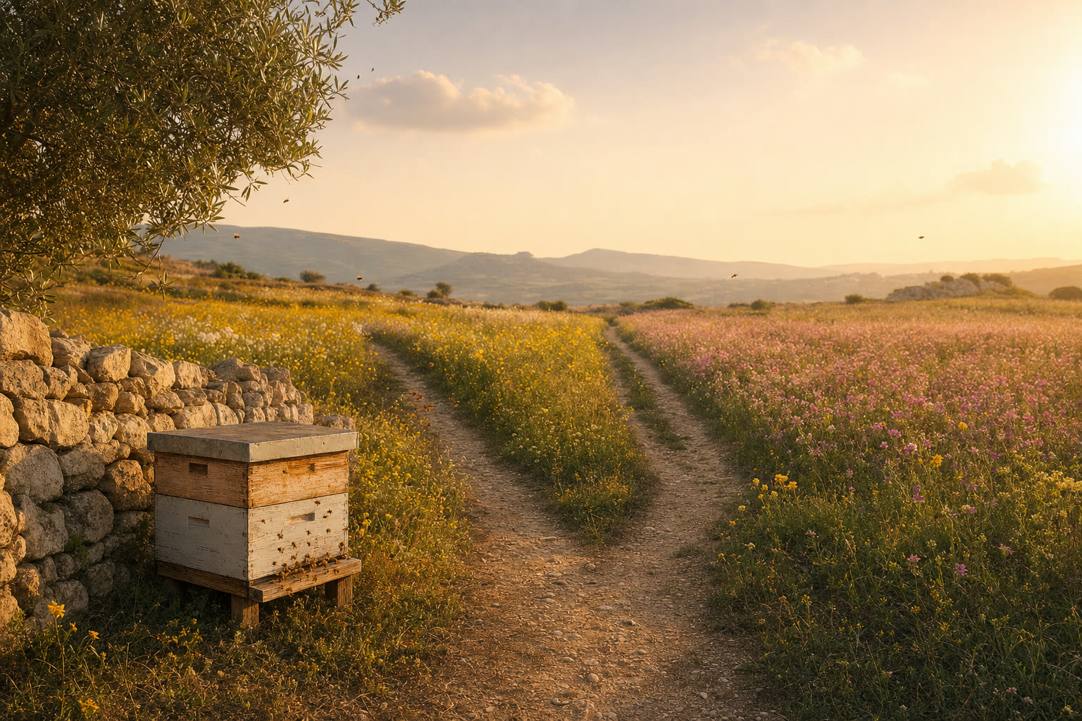 A footpath forking from a single beehive into two flowering meadows.